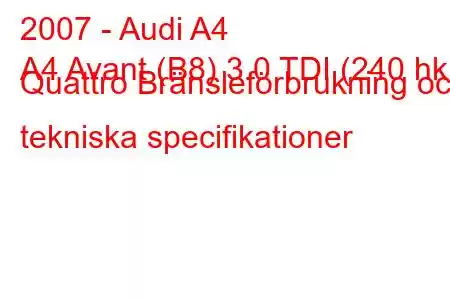 2007 - Audi A4
A4 Avant (B8) 3.0 TDI (240 hk) Quattro Bränsleförbrukning och tekniska specifikationer