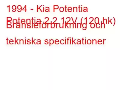 1994 - Kia Potentia
Potentia 2.2 12V (120 hk) Bränsleförbrukning och tekniska specifikationer