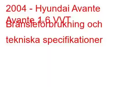 2004 - Hyundai Avante
Avante 1.6 VVT Bränsleförbrukning och tekniska specifikationer