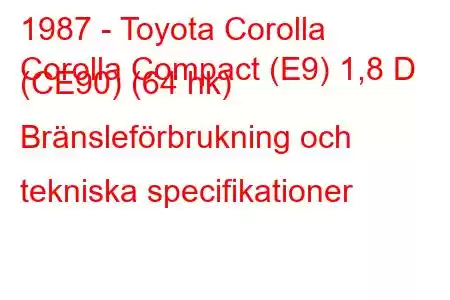 1987 - Toyota Corolla
Corolla Compact (E9) 1,8 D (CE90) (64 hk) Bränsleförbrukning och tekniska specifikationer