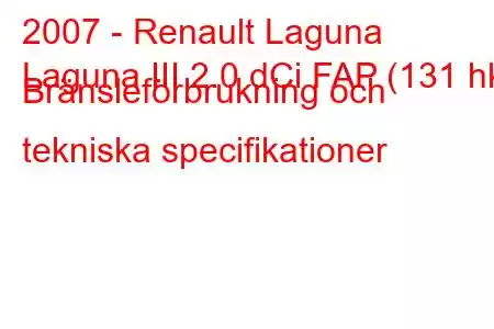 2007 - Renault Laguna
Laguna III 2.0 dCi FAP (131 hk) Bränsleförbrukning och tekniska specifikationer