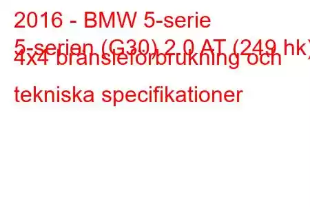 2016 - BMW 5-serie
5-serien (G30) 2.0 AT (249 hk) 4x4 bränsleförbrukning och tekniska specifikationer