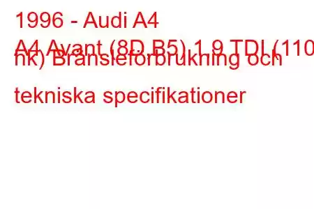 1996 - Audi A4
A4 Avant (8D,B5) 1,9 TDI (110 hk) Bränsleförbrukning och tekniska specifikationer