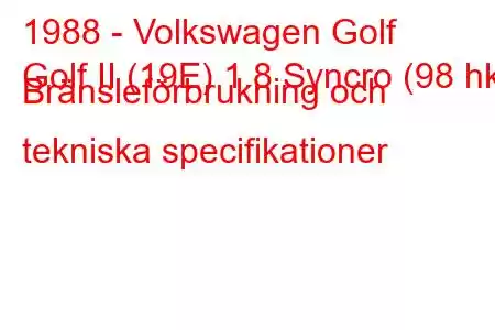 1988 - Volkswagen Golf
Golf II (19E) 1.8 Syncro (98 hk) Bränsleförbrukning och tekniska specifikationer