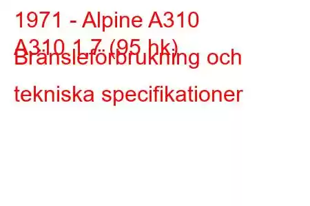 1971 - Alpine A310
A310 1,7 (95 hk) Bränsleförbrukning och tekniska specifikationer