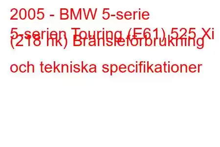 2005 - BMW 5-serie
5-serien Touring (E61) 525 Xi (218 hk) Bränsleförbrukning och tekniska specifikationer