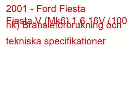 2001 - Ford Fiesta
Fiesta V (Mk6) 1,6 16V (100 hk) Bränsleförbrukning och tekniska specifikationer