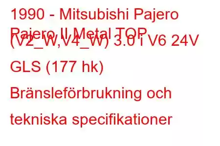 1990 - Mitsubishi Pajero
Pajero II Metal TOP (V2_W,V4_W) 3.0 i V6 24V GLS (177 hk) Bränsleförbrukning och tekniska specifikationer