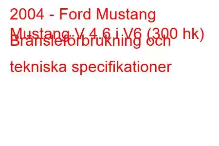 2004 - Ford Mustang
Mustang V 4.6 i V6 (300 hk) Bränsleförbrukning och tekniska specifikationer