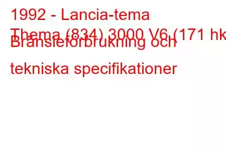 1992 - Lancia-tema
Thema (834) 3000 V6 (171 hk) Bränsleförbrukning och tekniska specifikationer