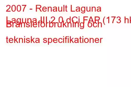 2007 - Renault Laguna
Laguna III 2.0 dCi FAP (173 hk) Bränsleförbrukning och tekniska specifikationer