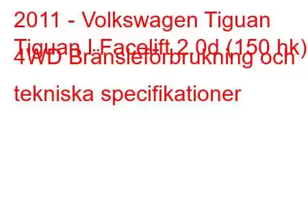 2011 - Volkswagen Tiguan
Tiguan I Facelift 2.0d (150 hk) 4WD Bränsleförbrukning och tekniska specifikationer