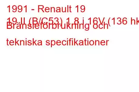 1991 - Renault 19
19 II (B/C53) 1,8 i 16V (136 hk) Bränsleförbrukning och tekniska specifikationer