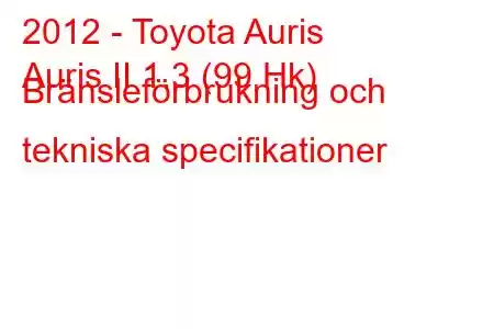 2012 - Toyota Auris
Auris II 1.3 (99 Hk) Bränsleförbrukning och tekniska specifikationer