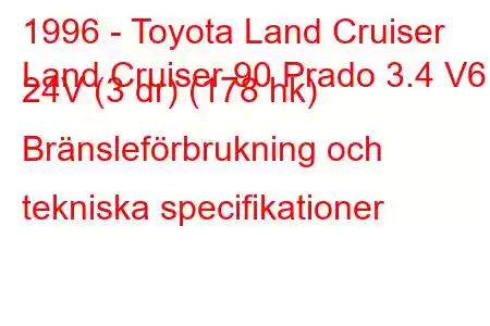 1996 - Toyota Land Cruiser
Land Cruiser 90 Prado 3.4 V6 24V (3 dr) (178 hk) Bränsleförbrukning och tekniska specifikationer