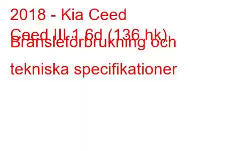 2018 - Kia Ceed
Ceed III 1.6d (136 hk) Bränsleförbrukning och tekniska specifikationer