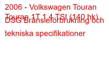 2006 - Volkswagen Touran
Touran 1T 1.4 TSI (140 hk) DSG Bränsleförbrukning och tekniska specifikationer