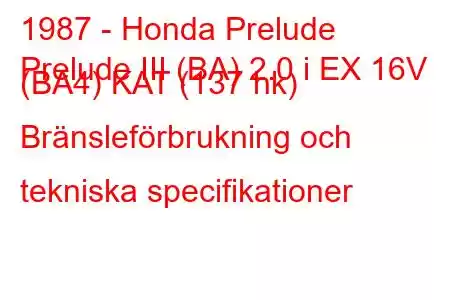 1987 - Honda Prelude
Prelude III (BA) 2.0 i EX 16V (BA4) KAT (137 hk) Bränsleförbrukning och tekniska specifikationer