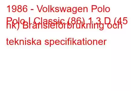 1986 - Volkswagen Polo
Polo I Classic (86) 1,3 D (45 hk) Bränsleförbrukning och tekniska specifikationer