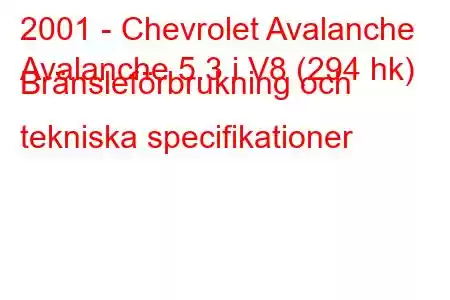 2001 - Chevrolet Avalanche
Avalanche 5.3 i V8 (294 hk) Bränsleförbrukning och tekniska specifikationer