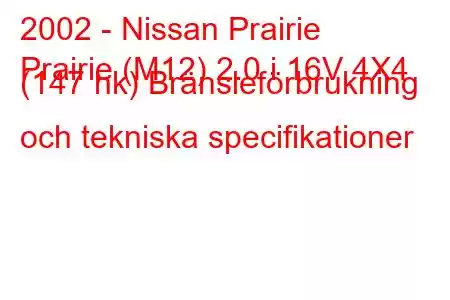 2002 - Nissan Prairie
Prairie (M12) 2.0 i 16V 4X4 (147 hk) Bränsleförbrukning och tekniska specifikationer