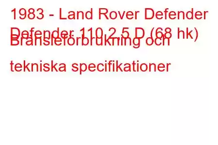 1983 - Land Rover Defender
Defender 110 2,5 D (68 hk) Bränsleförbrukning och tekniska specifikationer