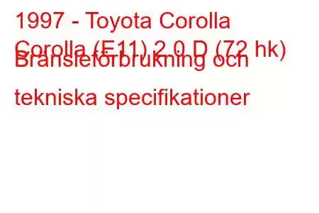 1997 - Toyota Corolla
Corolla (E11) 2.0 D (72 hk) Bränsleförbrukning och tekniska specifikationer