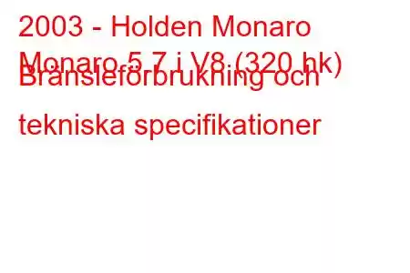 2003 - Holden Monaro
Monaro 5.7 i V8 (320 hk) Bränsleförbrukning och tekniska specifikationer