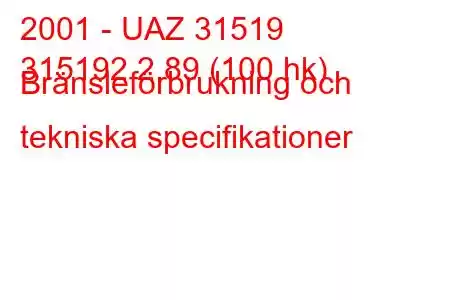 2001 - UAZ 31519
315192 2,89 (100 hk) Bränsleförbrukning och tekniska specifikationer