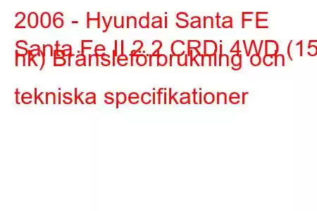 2006 - Hyundai Santa FE
Santa Fe II 2.2 CRDi 4WD (150 hk) Bränsleförbrukning och tekniska specifikationer