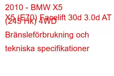 2010 - BMW X5
X5 (E70) Facelift 30d 3.0d AT (245 Hk) 4WD Bränsleförbrukning och tekniska specifikationer