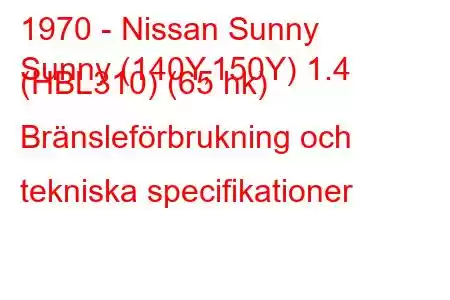 1970 - Nissan Sunny
Sunny (140Y,150Y) 1.4 (HBL310) (65 hk) Bränsleförbrukning och tekniska specifikationer