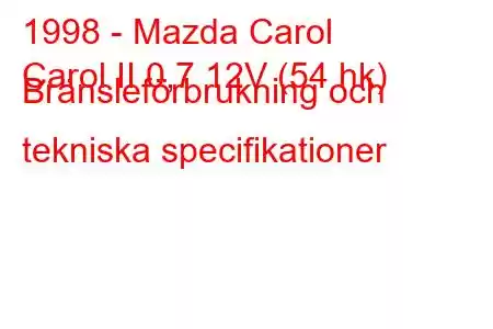 1998 - Mazda Carol
Carol II 0,7 12V (54 hk) Bränsleförbrukning och tekniska specifikationer