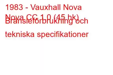 1983 - Vauxhall Nova
Nova CC 1.0 (45 hk) Bränsleförbrukning och tekniska specifikationer