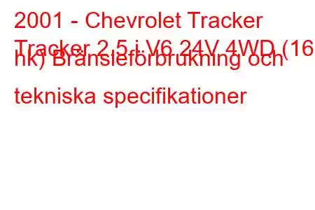 2001 - Chevrolet Tracker
Tracker 2.5 i V6 24V 4WD (167 hk) Bränsleförbrukning och tekniska specifikationer