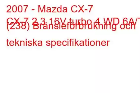 2007 - Mazda CX-7
CX-7 2.3 16V turbo 4 WD 6A/T (238) Bränsleförbrukning och tekniska specifikationer