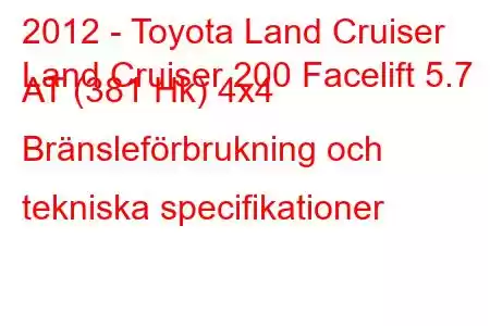 2012 - Toyota Land Cruiser
Land Cruiser 200 Facelift 5.7 AT (381 Hk) 4x4 Bränsleförbrukning och tekniska specifikationer