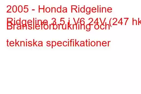 2005 - Honda Ridgeline
Ridgeline 3.5 i V6 24V (247 hk) Bränsleförbrukning och tekniska specifikationer