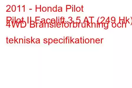 2011 - Honda Pilot
Pilot II Facelift 3.5 AT (249 Hk) 4WD Bränsleförbrukning och tekniska specifikationer