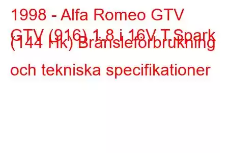 1998 - Alfa Romeo GTV
GTV (916) 1.8 i 16V T.Spark (144 Hk) Bränsleförbrukning och tekniska specifikationer