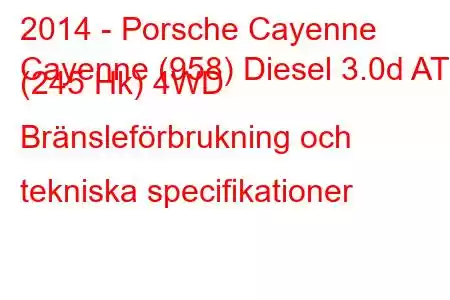 2014 - Porsche Cayenne
Cayenne (958) Diesel 3.0d AT (245 Hk) 4WD Bränsleförbrukning och tekniska specifikationer