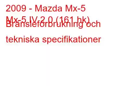 2009 - Mazda Mx-5
Mx-5 IV 2.0 (161 hk) Bränsleförbrukning och tekniska specifikationer