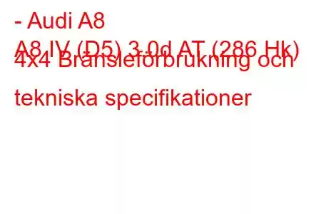 - Audi A8
A8 IV (D5) 3.0d AT (286 Hk) 4x4 Bränsleförbrukning och tekniska specifikationer