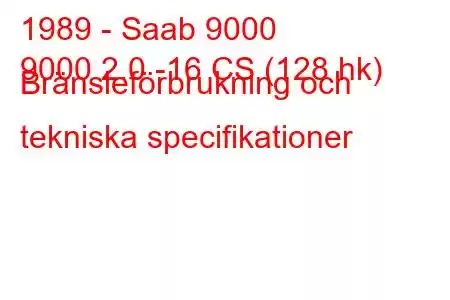 1989 - Saab 9000
9000 2.0 -16 CS (128 hk) Bränsleförbrukning och tekniska specifikationer