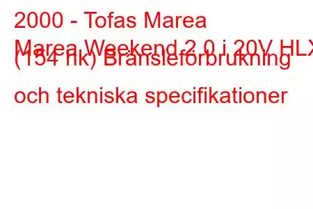 2000 - Tofas Marea
Marea Weekend 2.0 i 20V HLX (154 hk) Bränsleförbrukning och tekniska specifikationer