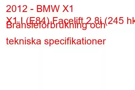 2012 - BMW X1
X1 I (E84) Facelift 2.8i (245 hk) Bränsleförbrukning och tekniska specifikationer