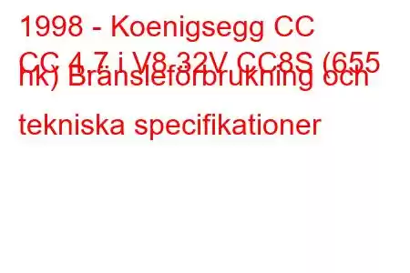 1998 - Koenigsegg CC
CC 4.7 i V8 32V CC8S (655 hk) Bränsleförbrukning och tekniska specifikationer