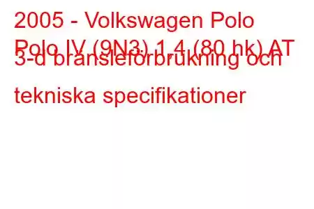 2005 - Volkswagen Polo
Polo IV (9N3) 1,4 (80 hk) AT 3-d bränsleförbrukning och tekniska specifikationer