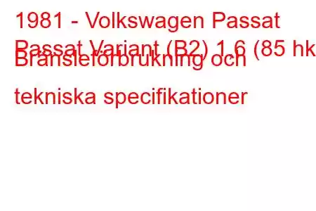 1981 - Volkswagen Passat
Passat Variant (B2) 1,6 (85 hk) Bränsleförbrukning och tekniska specifikationer