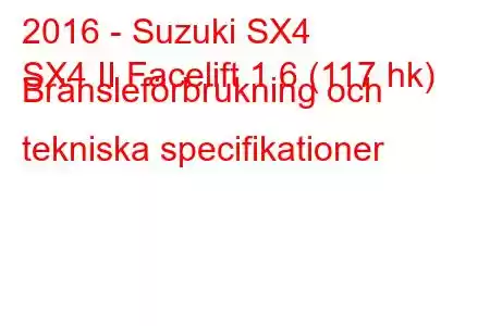 2016 - Suzuki SX4
SX4 II Facelift 1,6 (117 hk) Bränsleförbrukning och tekniska specifikationer